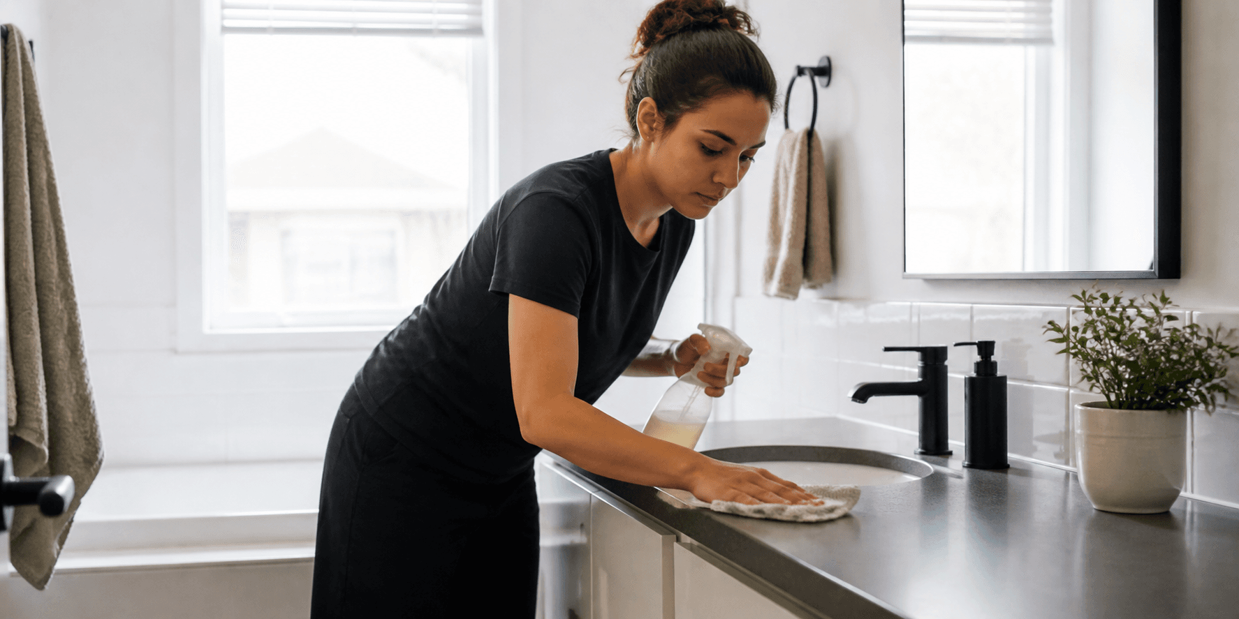 A professional home cleaner polishing a bright bathroom