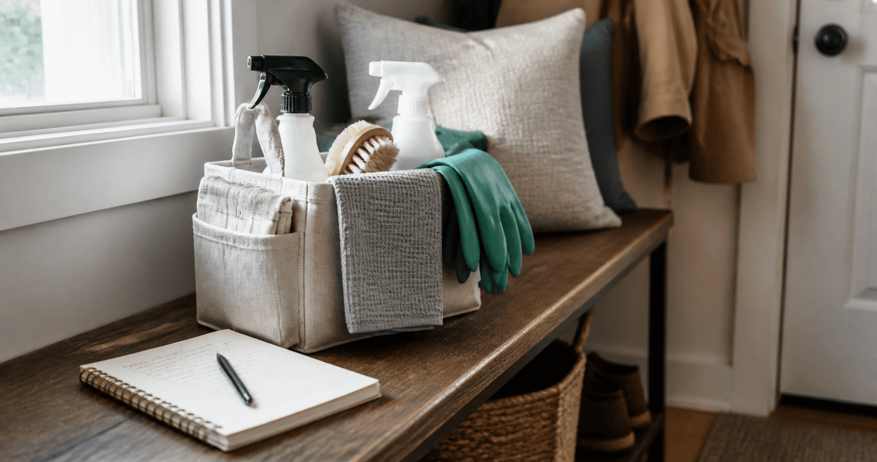 A cleaning caddy prepared with cloths and supplies