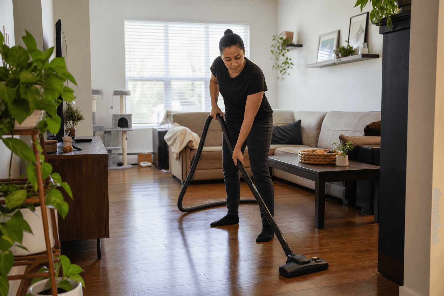 A home cleaning provider vacuuming a living room